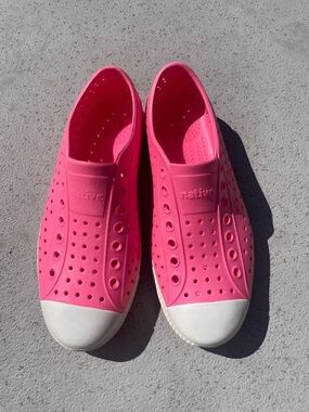 Native Jefferson Slip-On Sneakers in Hot Pink with White Toe Cap